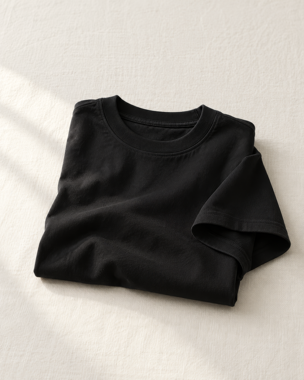 Gefaltetes schwarzes T-Shirt auf hellem Leinen