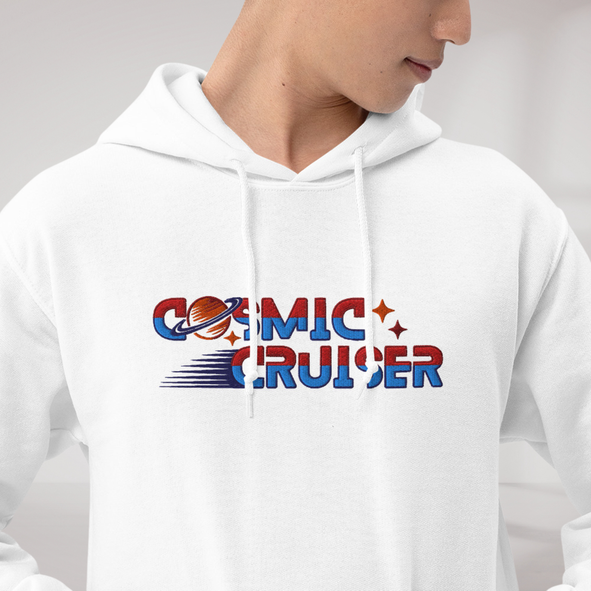 Cosmic Cruiser Hoodie Retro – Farbe Weiß – Ansicht 3