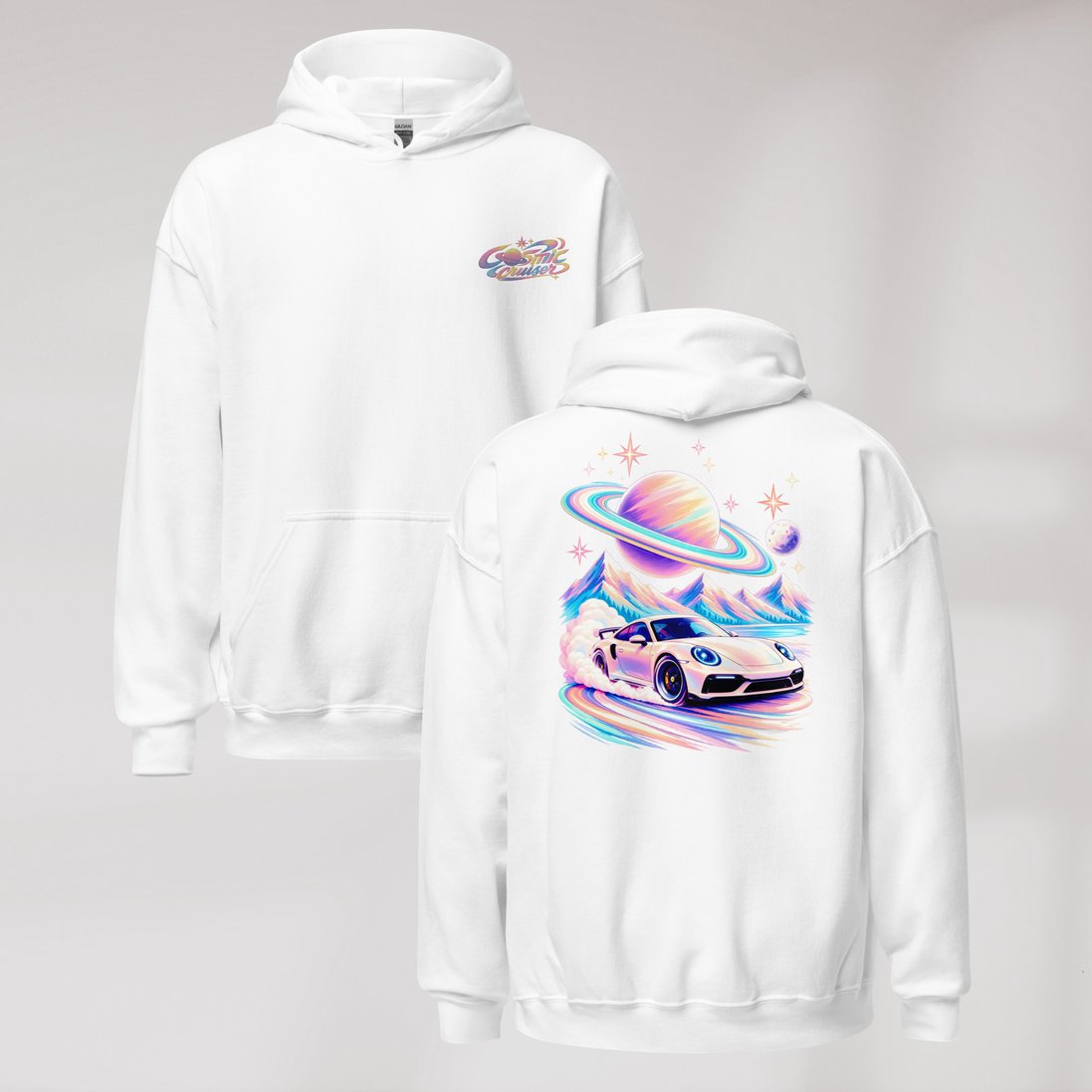 Cosmic Cruiser Hoodie Soft – Farbe Weiß – Ansicht 1