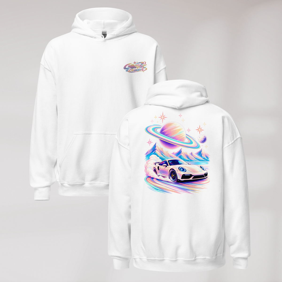 Cosmic Cruiser Hoodie Soft – Farbe Weiß – Ansicht 1